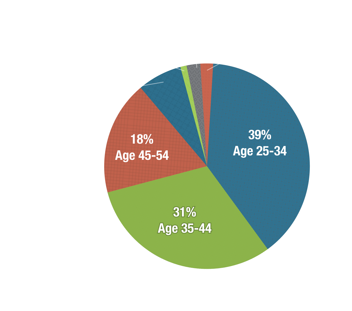 Age 18-24 2%, Age 25-34 39%, Age 35-44 31%, Age 45-54 18%, Age 55-64 7%, Age 65-74 1%, No response 3%